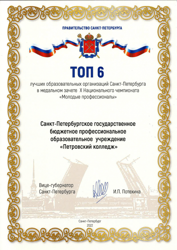 <p>Грамота за вход в ТОП-6 лучших образовательных учреждений Санкт-Петербурга в медальном зачете X Национального чемпионата</p>